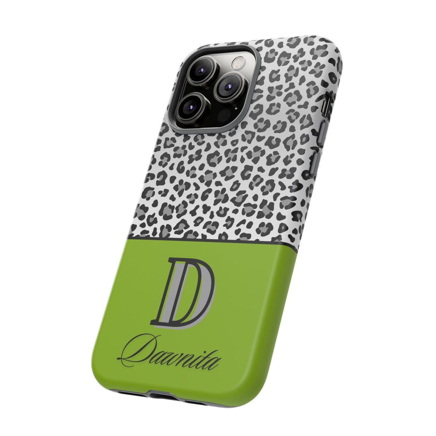 Gray Leopard Print and Green Personalized Name Phone Case - for iPhone, Samsung, and Google Phones