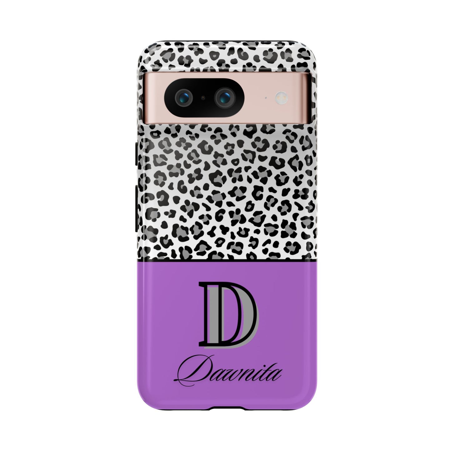 Gray Leopard Print and Purple Personalized Name Phone Case - for iPhone, Samsung, and Google Phones