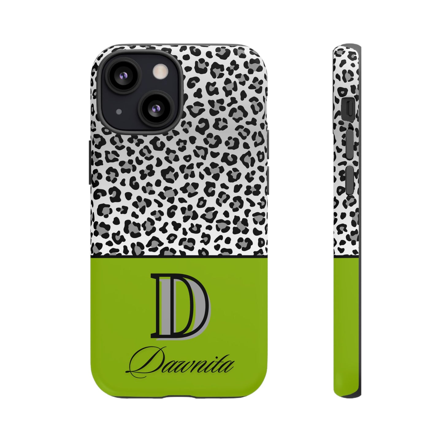 Gray Leopard Print and Green Personalized Name Phone Case - for iPhone, Samsung, and Google Phones