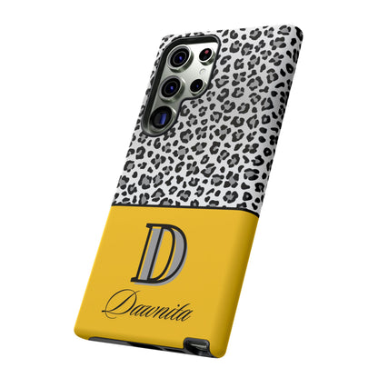 Gray Leopard Print and Yellow Personalized Name Phone Case - for iPhone, Samsung, and Google Phones