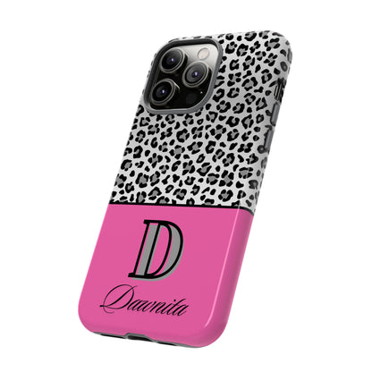 Gray Leopard Print and Pink Personalized Name Phone Case - for iPhone, Samsung, and Google Phones