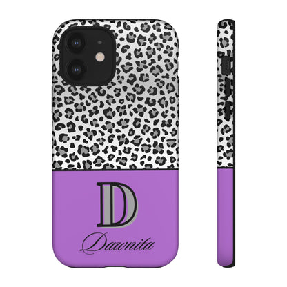 Gray Leopard Print and Purple Personalized Name Phone Case - for iPhone, Samsung, and Google Phones