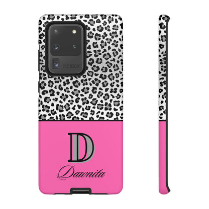 Gray Leopard Print and Pink Personalized Name Phone Case - for iPhone, Samsung, and Google Phones