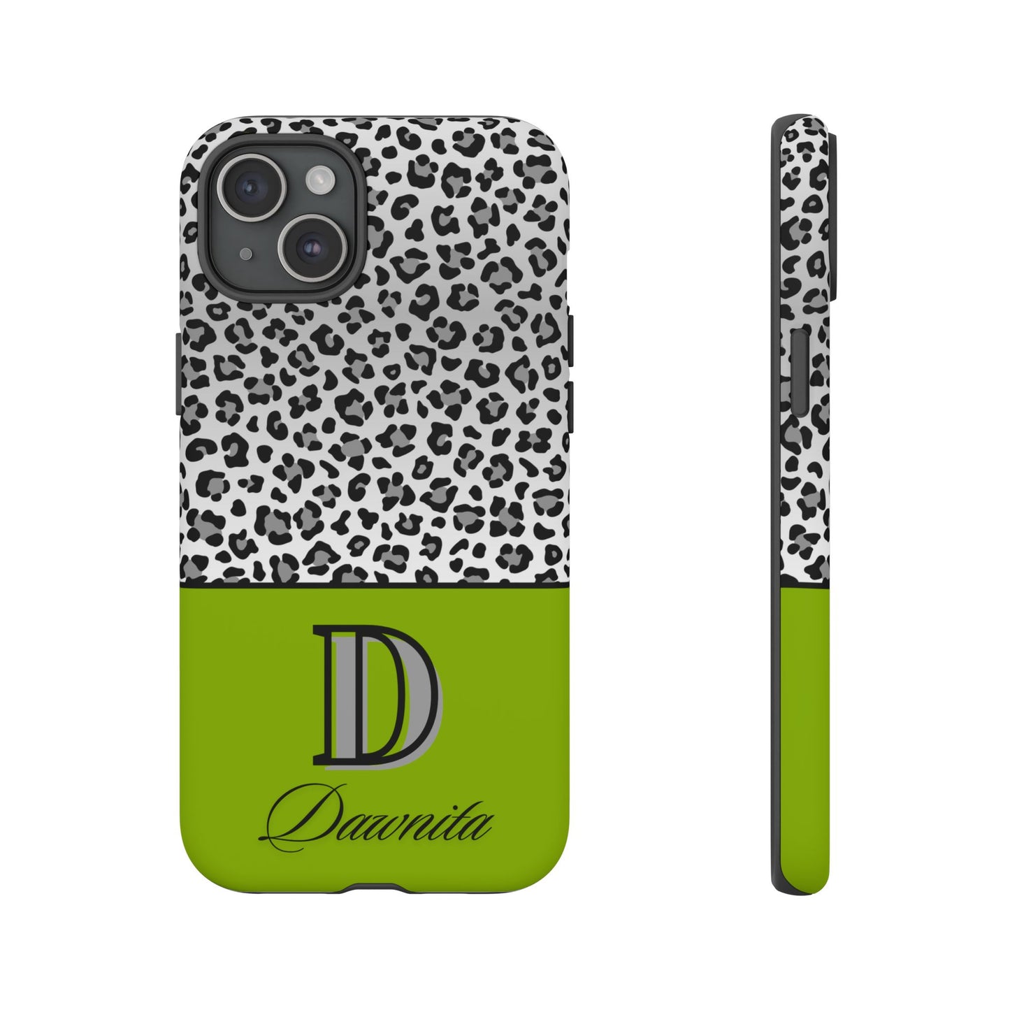 Gray Leopard Print and Green Personalized Name Phone Case - for iPhone, Samsung, and Google Phones