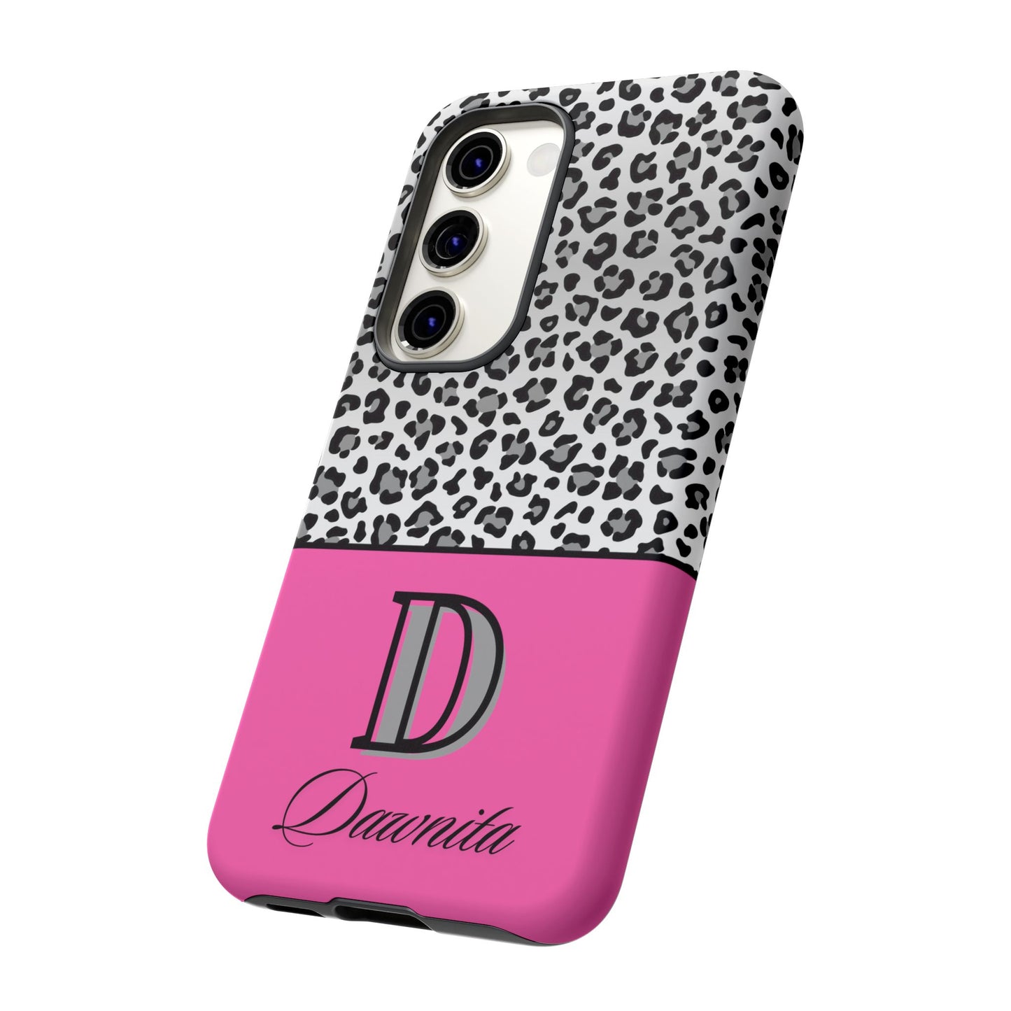 Gray Leopard Print and Pink Personalized Name Phone Case - for iPhone, Samsung, and Google Phones