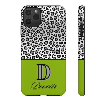 Gray Leopard Print and Green Personalized Name Phone Case - for iPhone, Samsung, and Google Phones