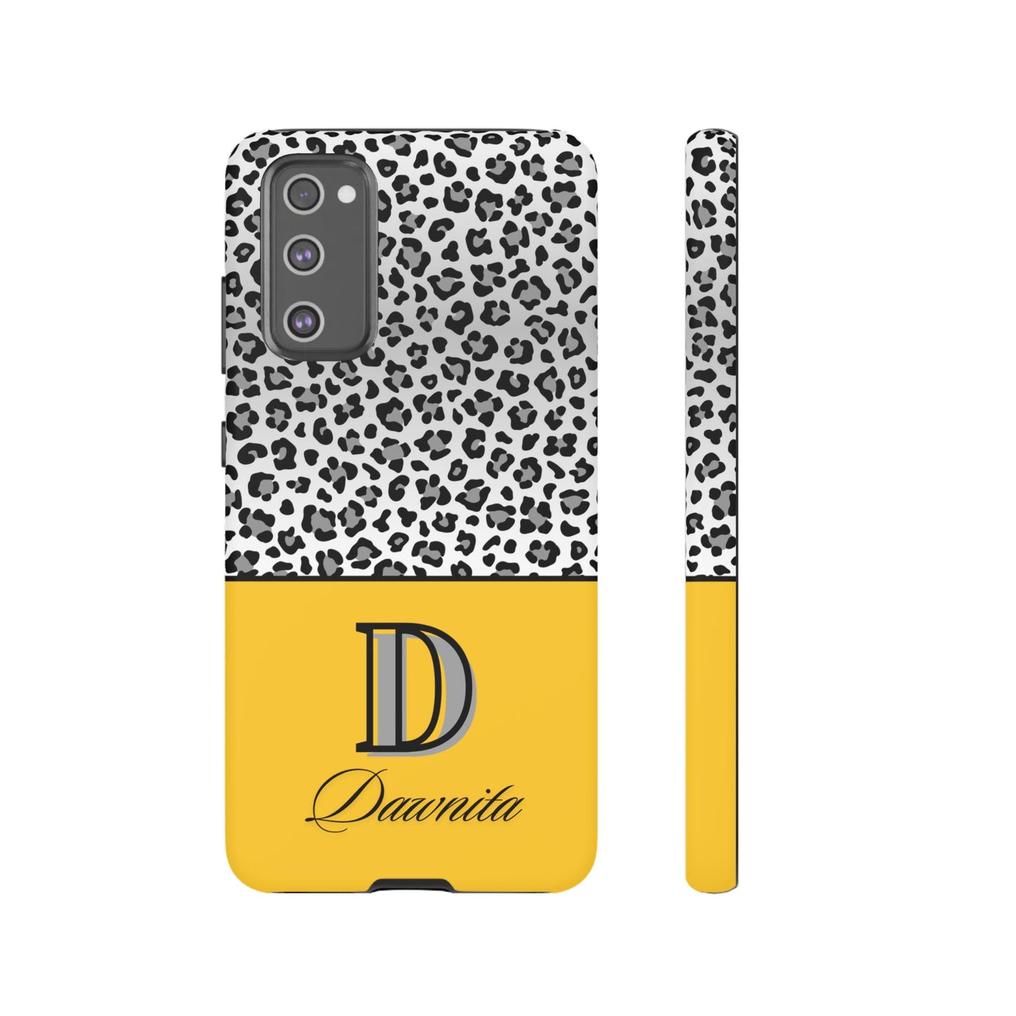 Gray Leopard Print and Yellow Personalized Name Phone Case - for iPhone, Samsung, and Google Phones