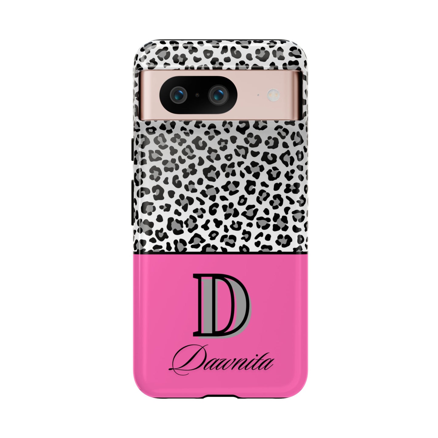 Gray Leopard Print and Pink Personalized Name Phone Case - for iPhone, Samsung, and Google Phones