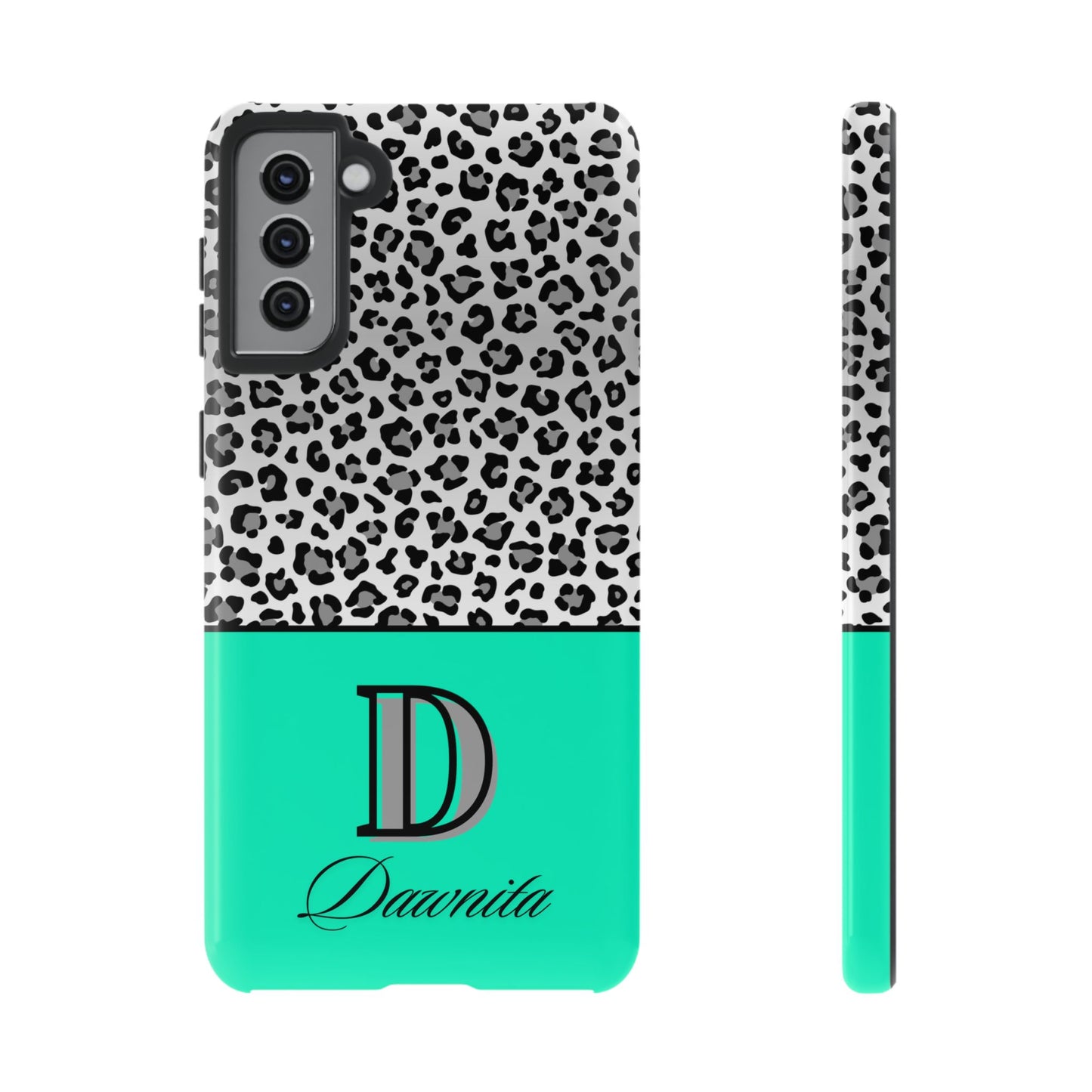 Gray Leopard Print and Teal Personalized Name Phone Case - for iPhone, Samsung, and Google Phones