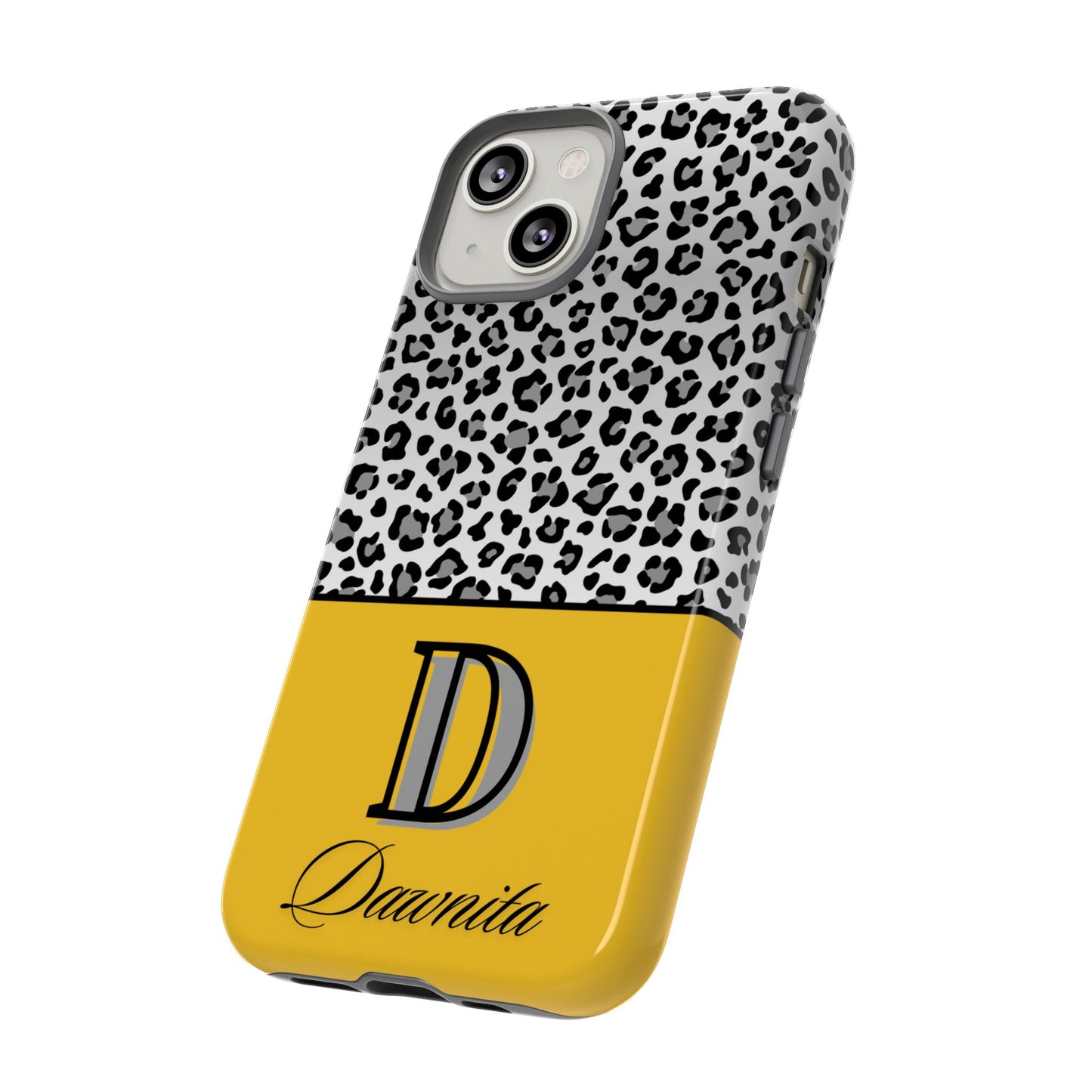 Gray Leopard Print and Yellow Personalized Name Phone Case - for iPhone, Samsung, and Google Phones