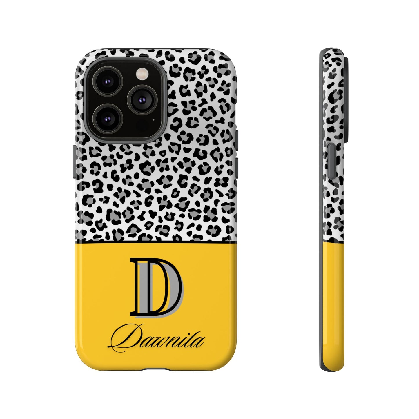 Gray Leopard Print and Yellow Personalized Name Phone Case - for iPhone, Samsung, and Google Phones