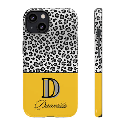 Gray Leopard Print and Yellow Personalized Name Phone Case - for iPhone, Samsung, and Google Phones