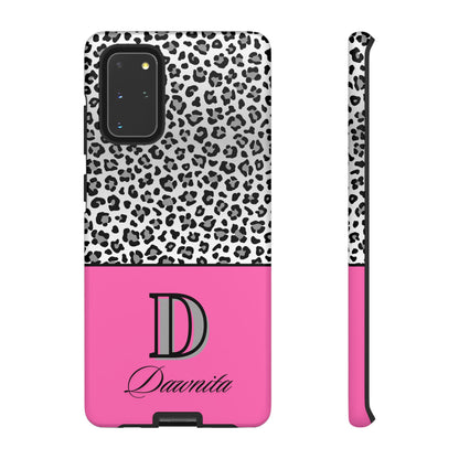 Gray Leopard Print and Pink Personalized Name Phone Case - for iPhone, Samsung, and Google Phones