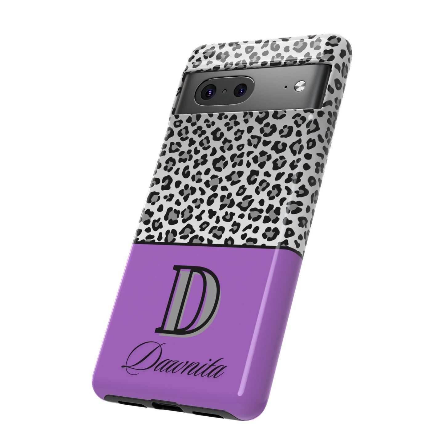 Gray Leopard Print and Purple Personalized Name Phone Case - for iPhone, Samsung, and Google Phones