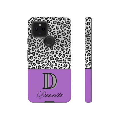 Gray Leopard Print and Purple Personalized Name Phone Case - for iPhone, Samsung, and Google Phones