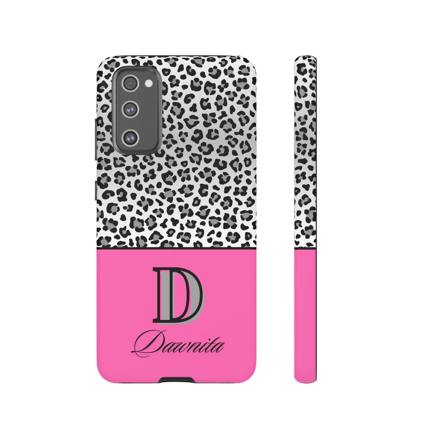 Gray Leopard Print and Pink Personalized Name Phone Case - for iPhone, Samsung, and Google Phones