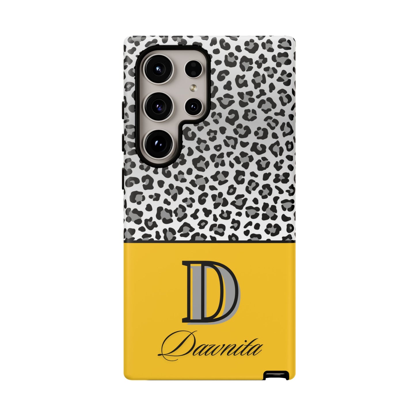 Gray Leopard Print and Yellow Personalized Name Phone Case - for iPhone, Samsung, and Google Phones