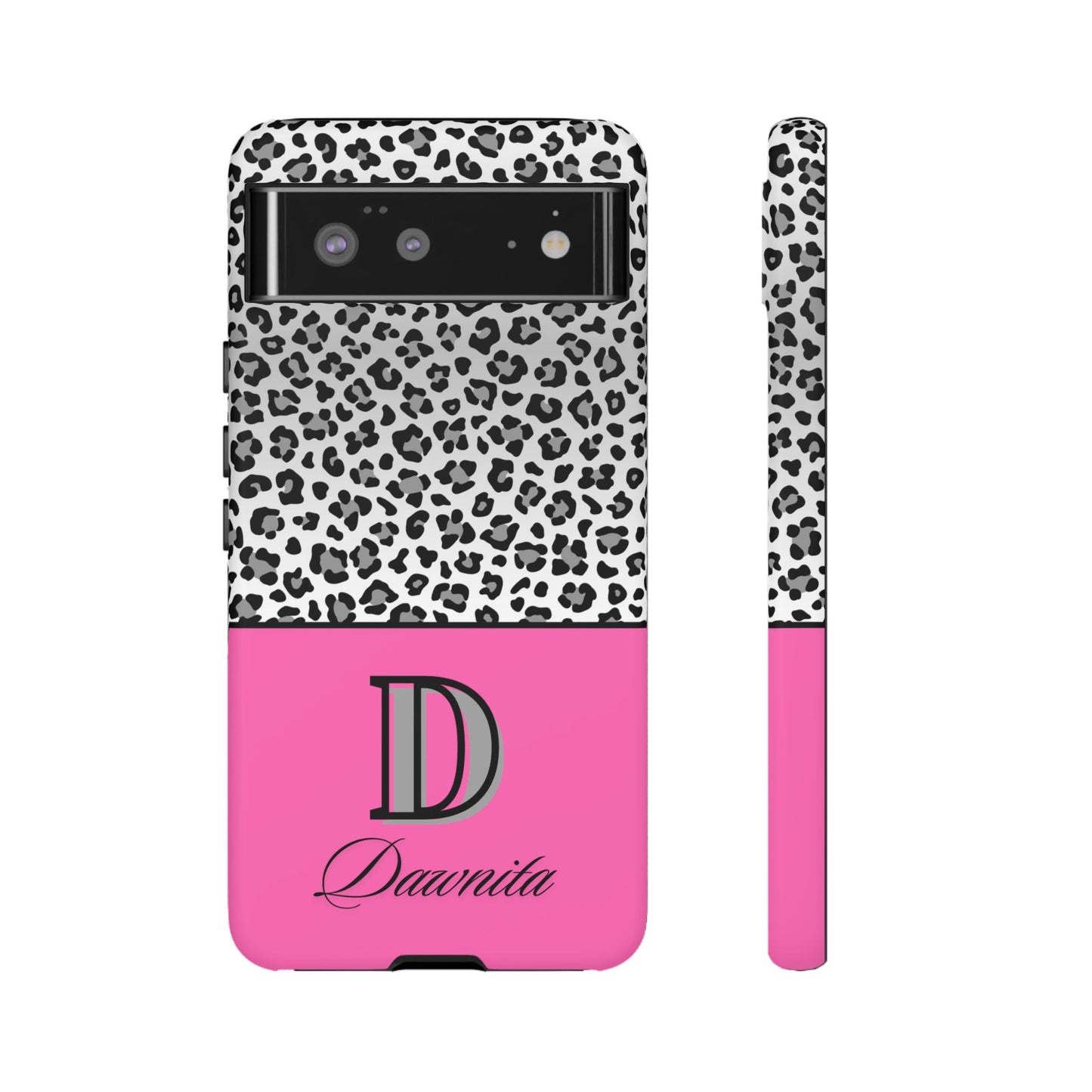 Gray Leopard Print and Pink Personalized Name Phone Case - for iPhone, Samsung, and Google Phones