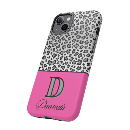 Gray Leopard Print and Pink Personalized Name Phone Case - for iPhone, Samsung, and Google Phones