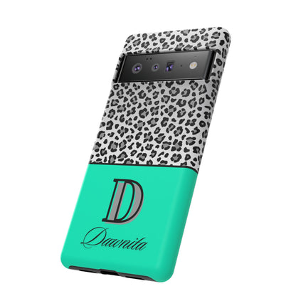 Gray Leopard Print and Teal Personalized Name Phone Case - for iPhone, Samsung, and Google Phones