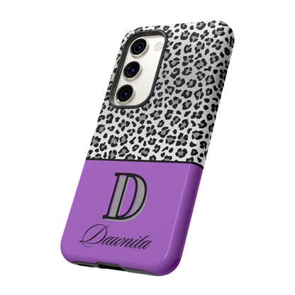 Gray Leopard Print and Purple Personalized Name Phone Case - for iPhone, Samsung, and Google Phones