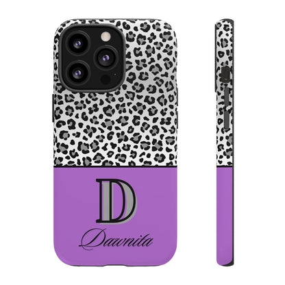 Gray Leopard Print and Purple Personalized Name Phone Case - for iPhone, Samsung, and Google Phones