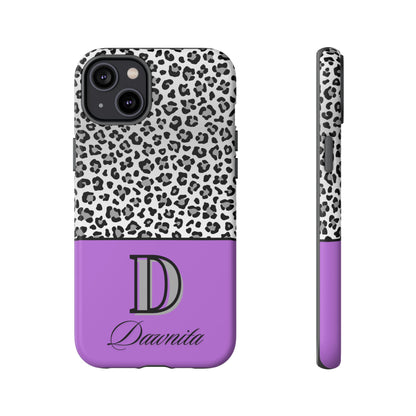 Gray Leopard Print and Purple Personalized Name Phone Case - for iPhone, Samsung, and Google Phones