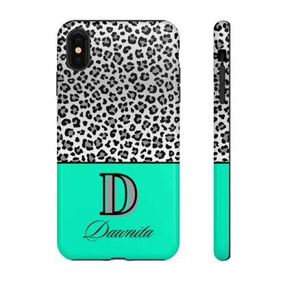 Gray Leopard Print and Teal Personalized Name Phone Case - for iPhone, Samsung, and Google Phones