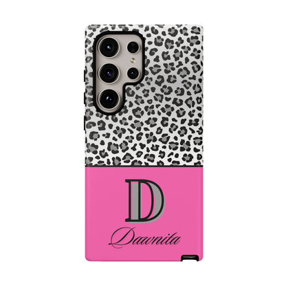 Gray Leopard Print and Pink Personalized Name Phone Case - for iPhone, Samsung, and Google Phones