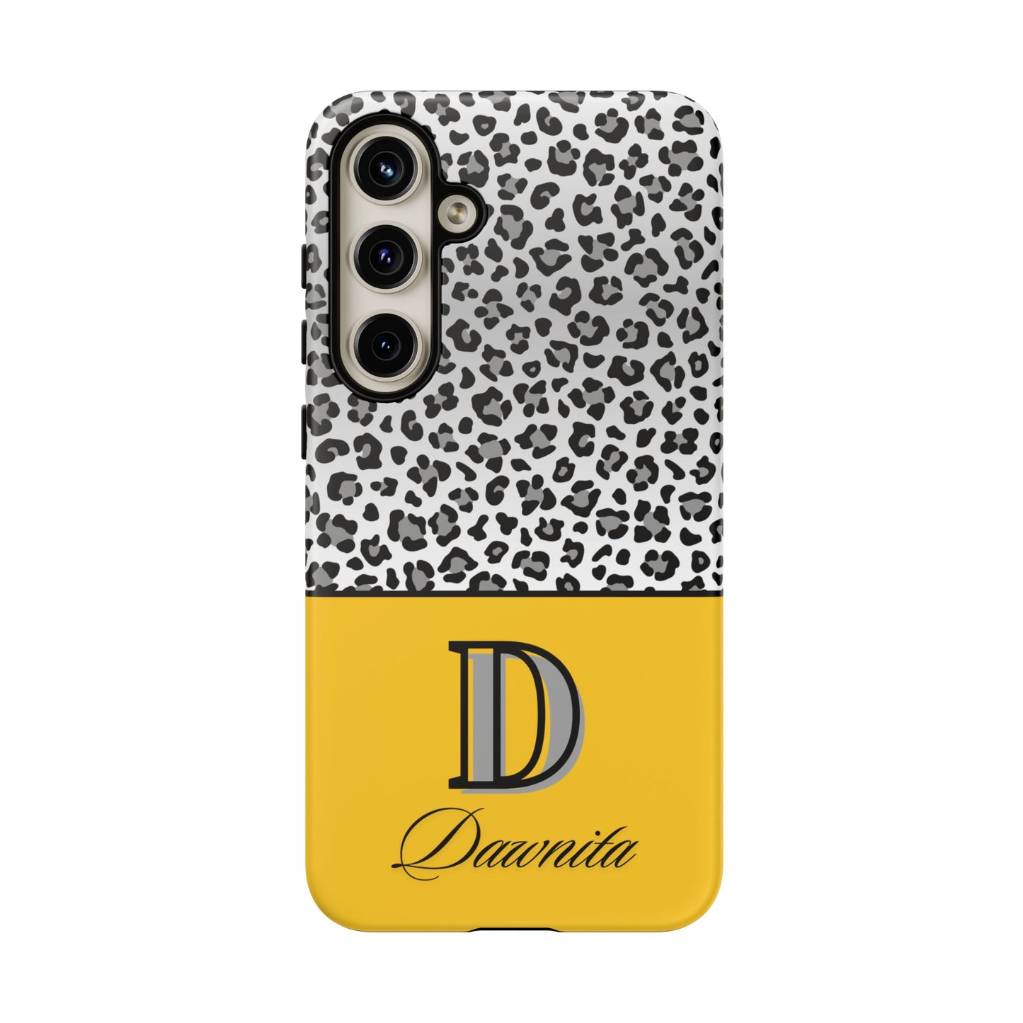 Gray Leopard Print and Yellow Personalized Name Phone Case - for iPhone, Samsung, and Google Phones