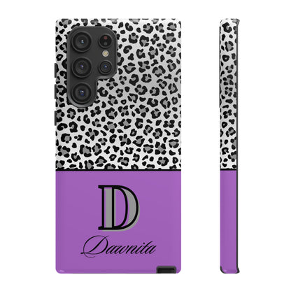 Gray Leopard Print and Purple Personalized Name Phone Case - for iPhone, Samsung, and Google Phones