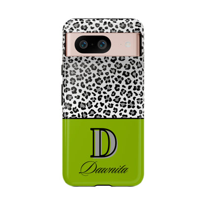 Gray Leopard Print and Green Personalized Name Phone Case - for iPhone, Samsung, and Google Phones