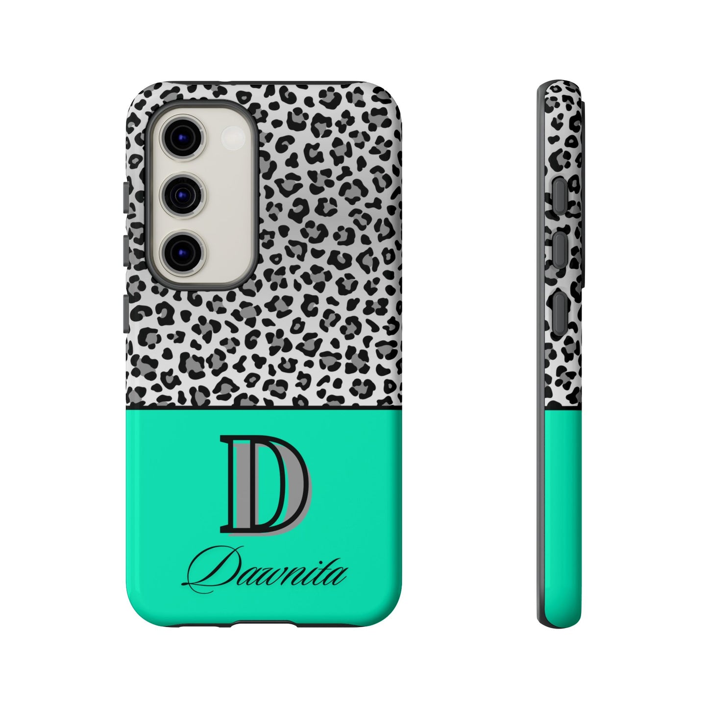 Gray Leopard Print and Teal Personalized Name Phone Case - for iPhone, Samsung, and Google Phones