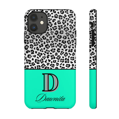 Gray Leopard Print and Teal Personalized Name Phone Case - for iPhone, Samsung, and Google Phones