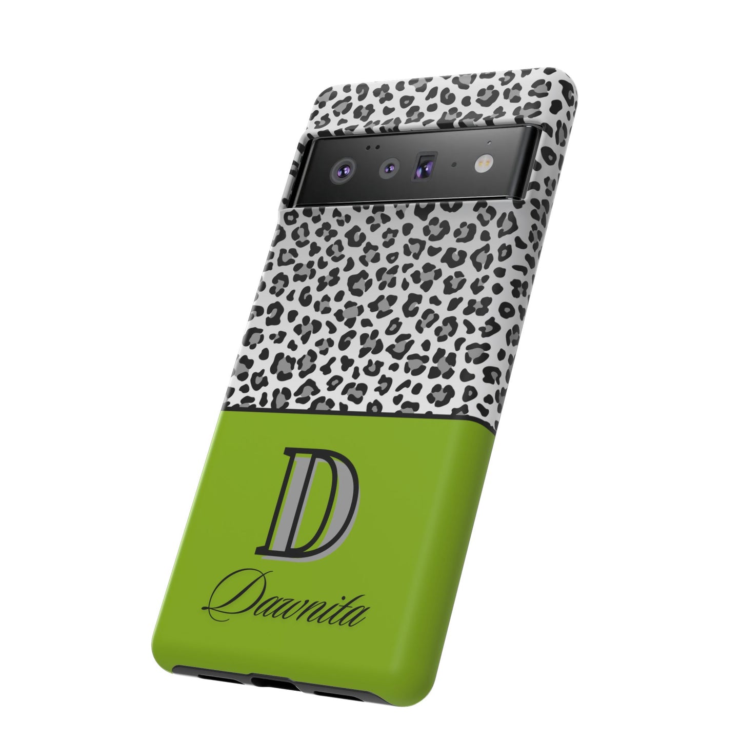 Gray Leopard Print and Green Personalized Name Phone Case - for iPhone, Samsung, and Google Phones