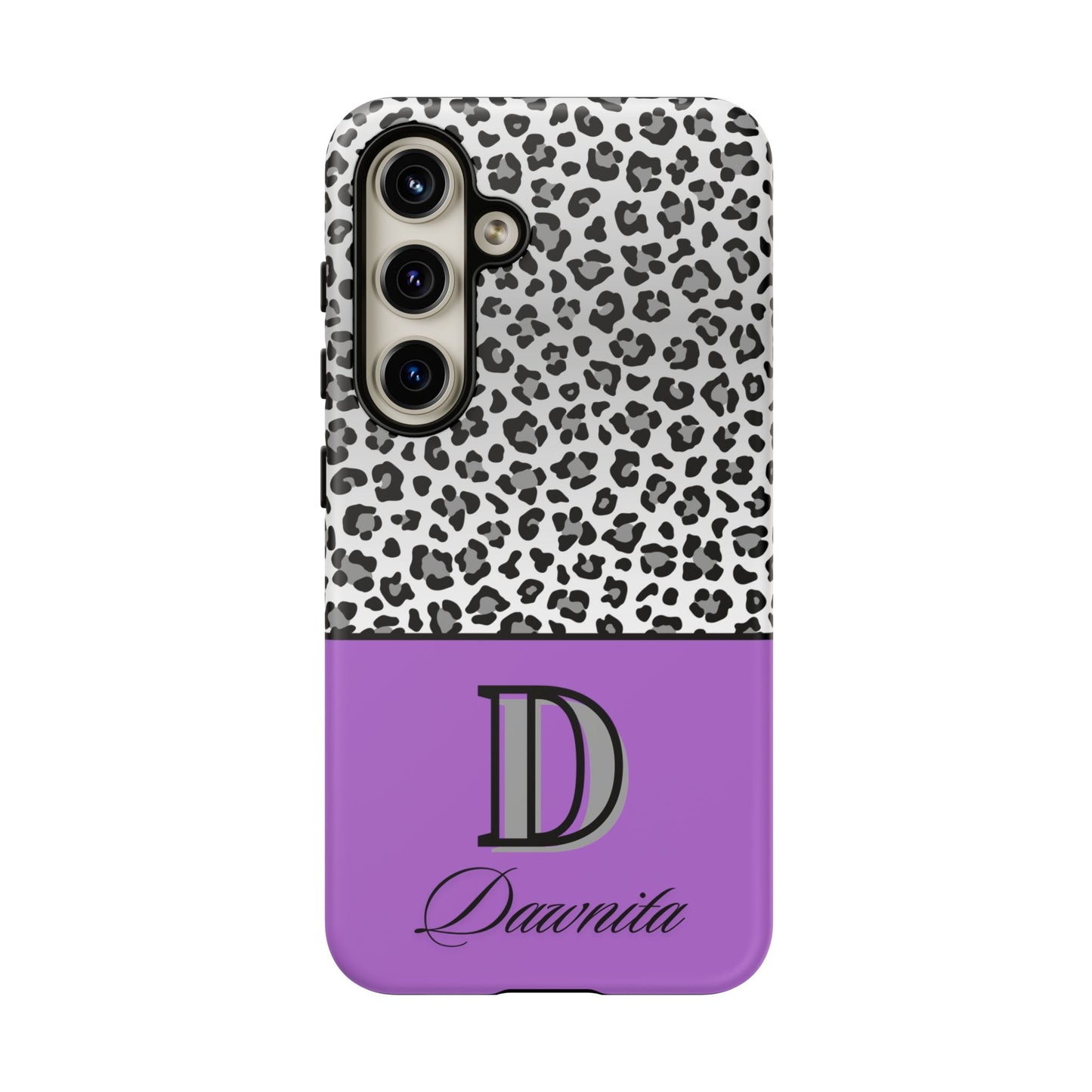 Gray Leopard Print and Purple Personalized Name Phone Case - for iPhone, Samsung, and Google Phones