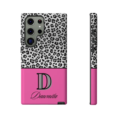 Gray Leopard Print and Pink Personalized Name Phone Case - for iPhone, Samsung, and Google Phones