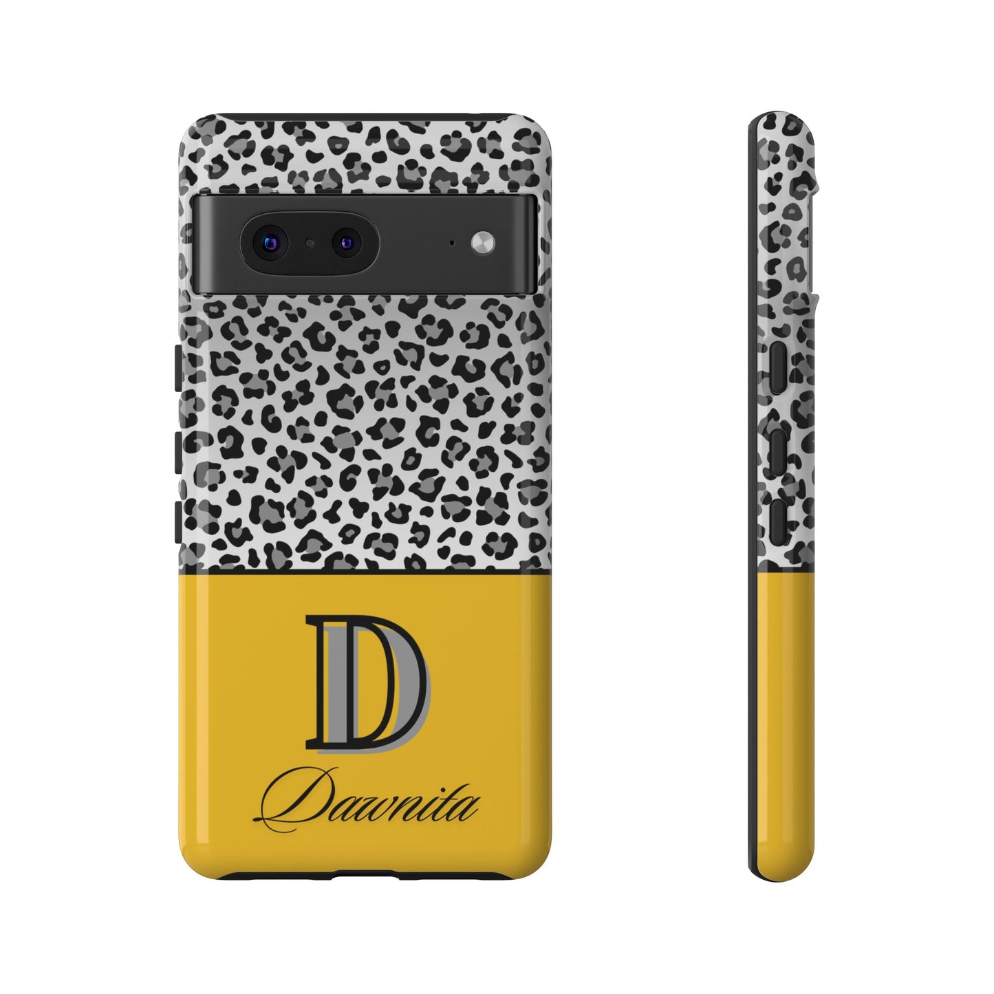 Gray Leopard Print and Yellow Personalized Name Phone Case - for iPhone, Samsung, and Google Phones