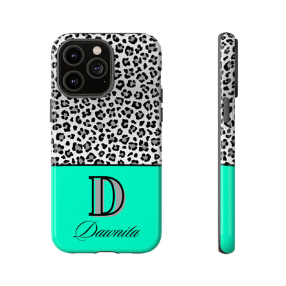 Gray Leopard Print and Teal Personalized Name Phone Case - for iPhone, Samsung, and Google Phones