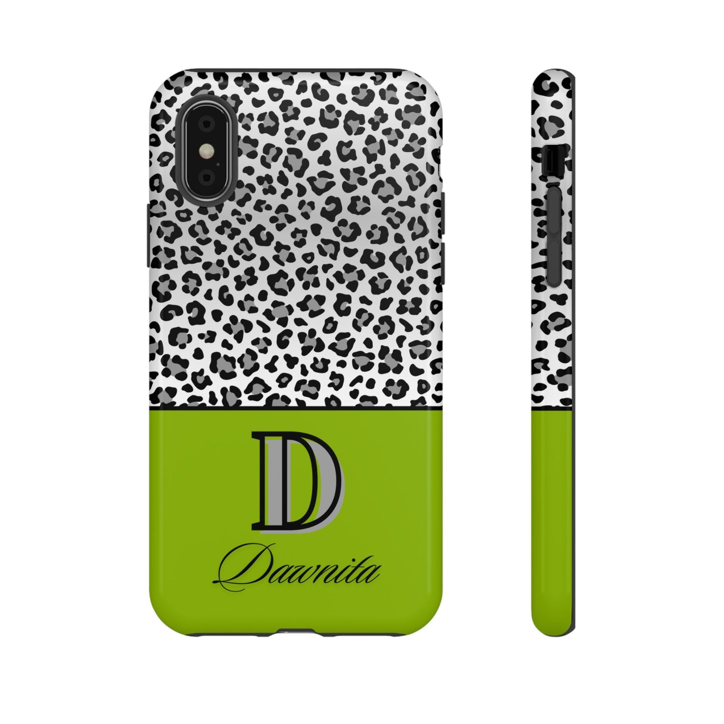 Gray Leopard Print and Green Personalized Name Phone Case - for iPhone, Samsung, and Google Phones