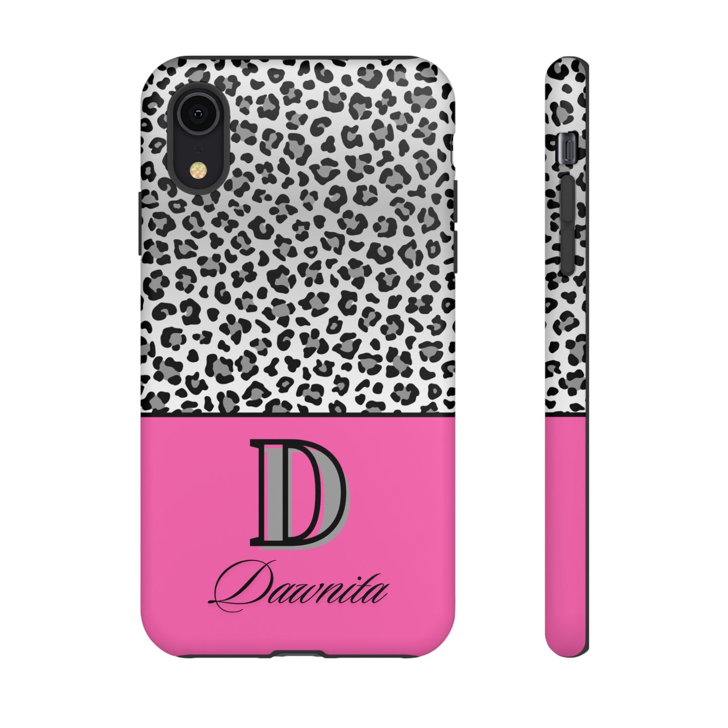 Gray Leopard Print and Pink Personalized Name Phone Case - for iPhone, Samsung, and Google Phones