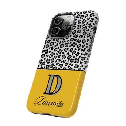 Gray Leopard Print and Yellow Personalized Name Phone Case - for iPhone, Samsung, and Google Phones