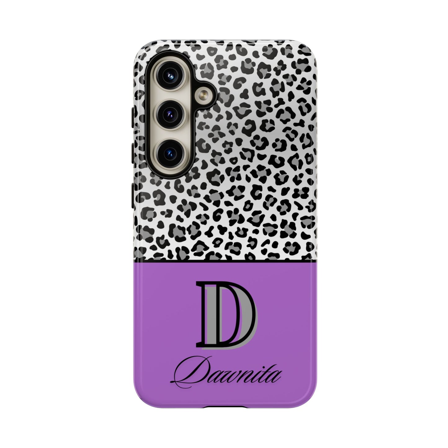 Gray Leopard Print and Purple Personalized Name Phone Case - for iPhone, Samsung, and Google Phones