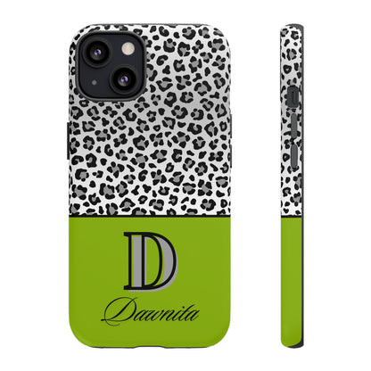 Gray Leopard Print and Green Personalized Name Phone Case - for iPhone, Samsung, and Google Phones