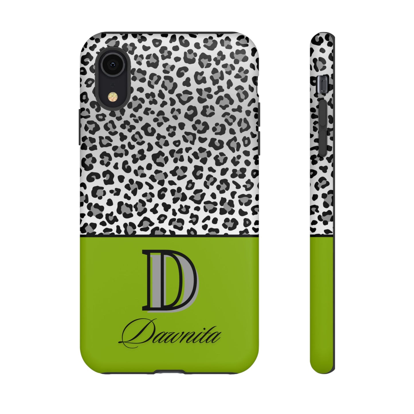 Gray Leopard Print and Green Personalized Name Phone Case - for iPhone, Samsung, and Google Phones