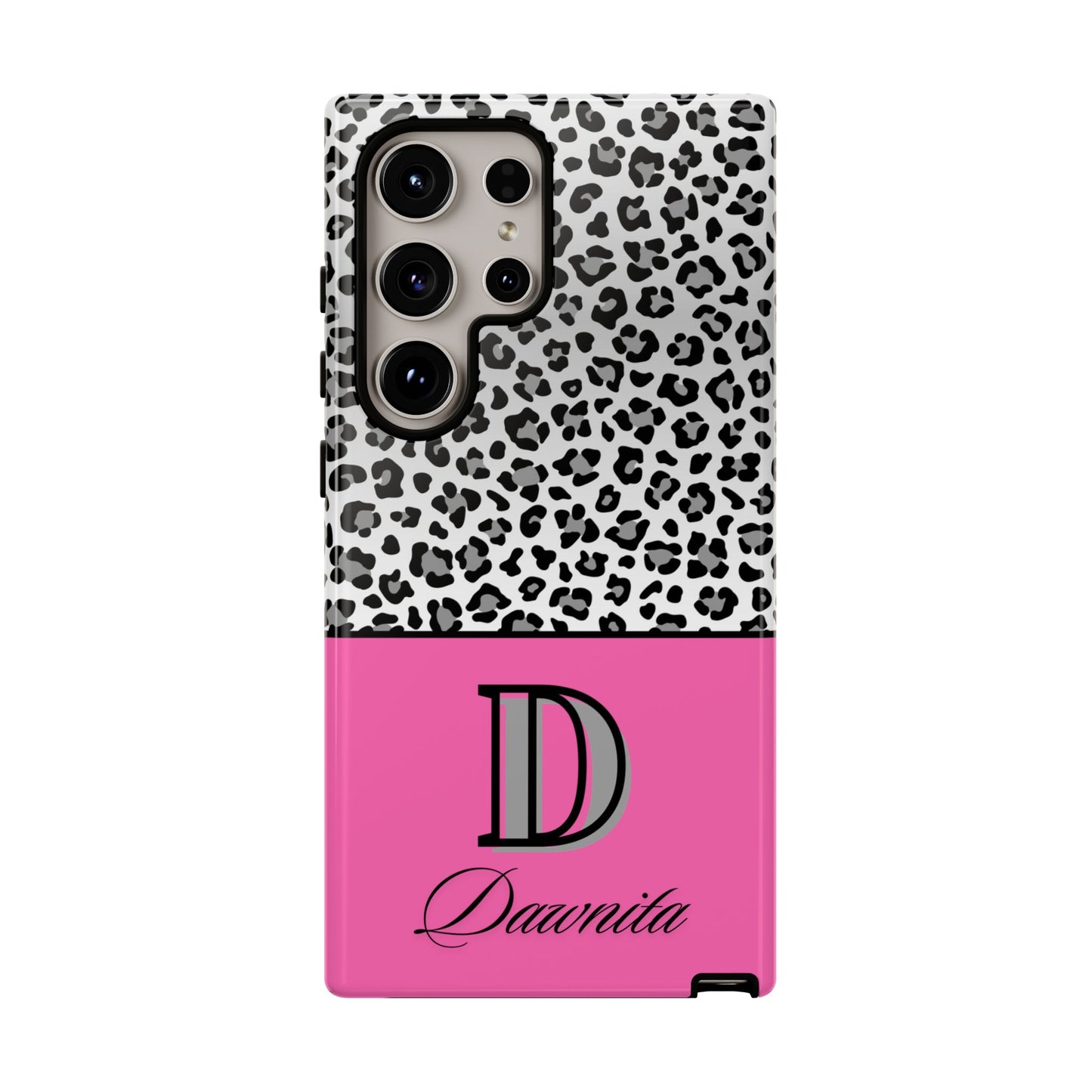 Gray Leopard Print and Pink Personalized Name Phone Case - for iPhone, Samsung, and Google Phones