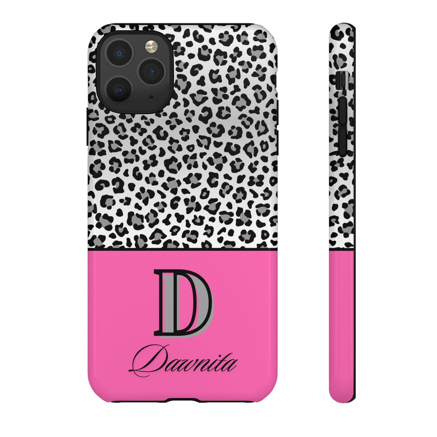 Gray Leopard Print and Pink Personalized Name Phone Case - for iPhone, Samsung, and Google Phones