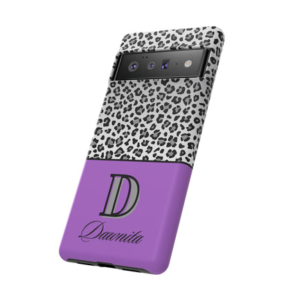 Gray Leopard Print and Purple Personalized Name Phone Case - for iPhone, Samsung, and Google Phones