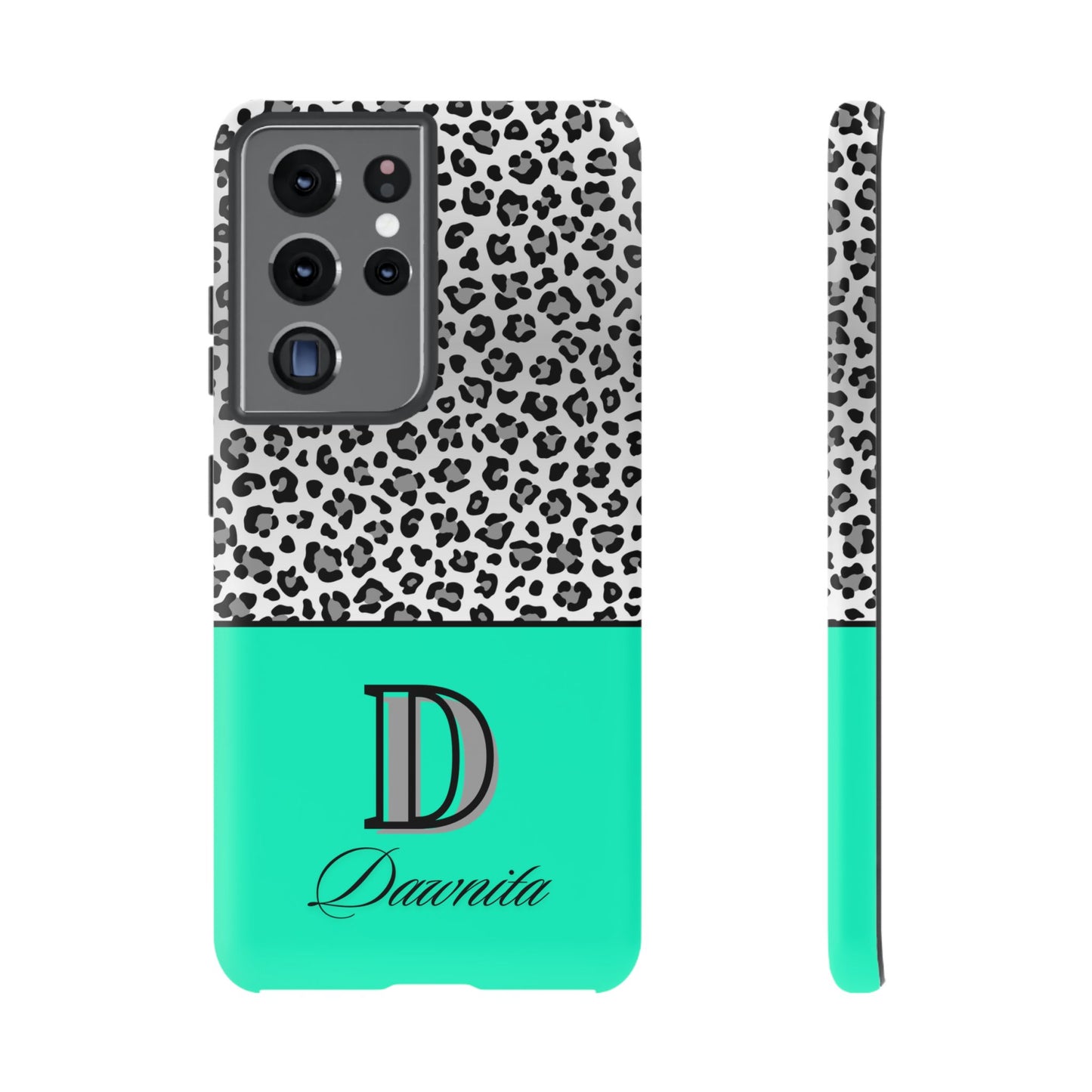 Gray Leopard Print and Teal Personalized Name Phone Case - for iPhone, Samsung, and Google Phones