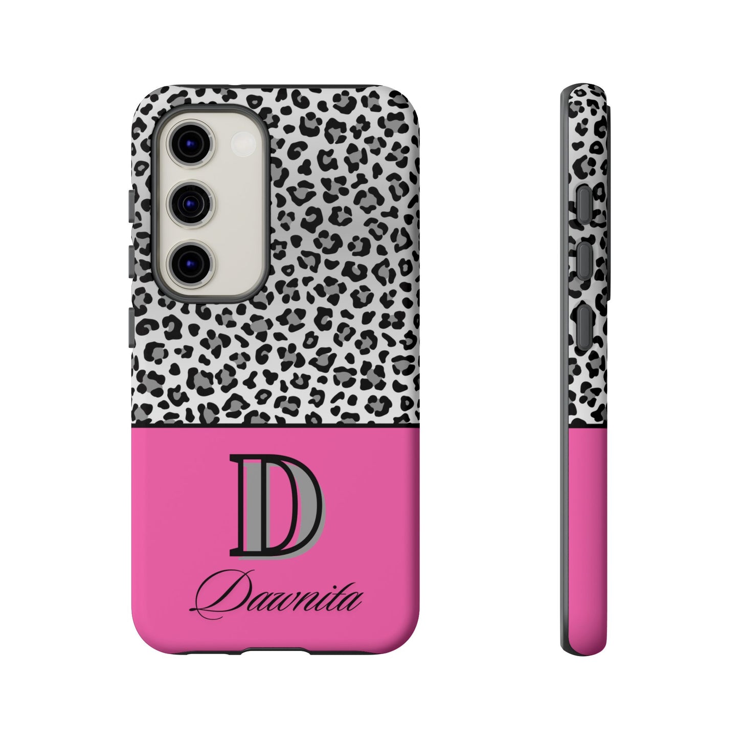 Gray Leopard Print and Pink Personalized Name Phone Case - for iPhone, Samsung, and Google Phones